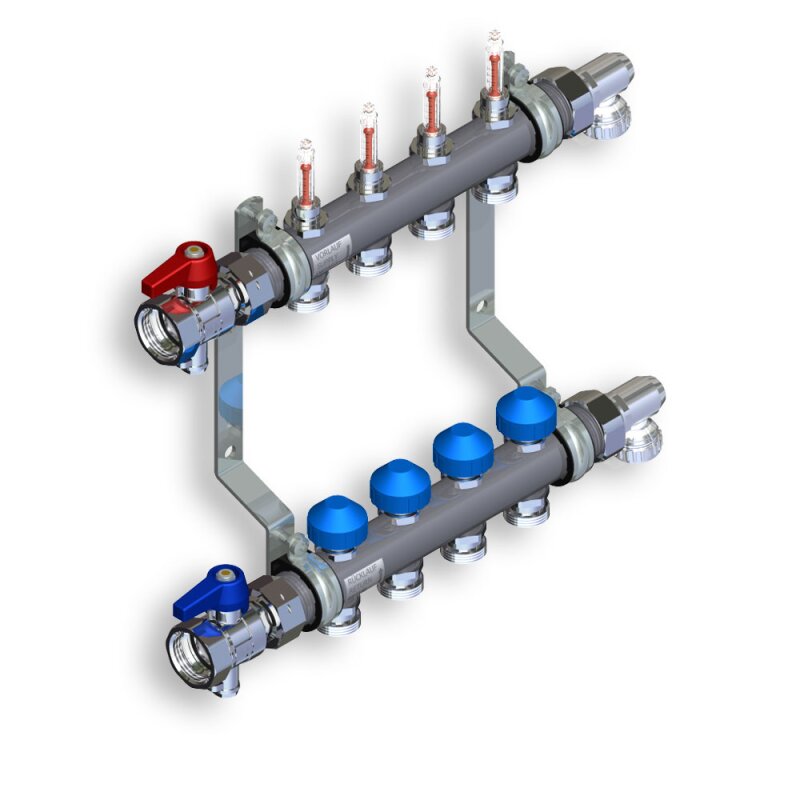 5-fach Heizkreisverteiler Edelstahl Rundrohr - 1 AG- DFM absperrbar mit Skala 0-4 l-min